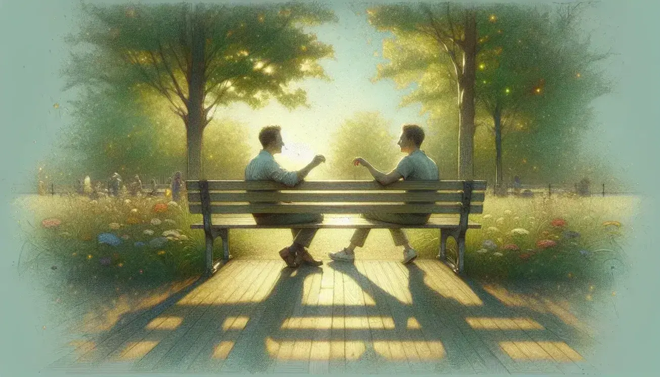 Dos personas conversando sentadas en un banco de parque rodeadas de árboles y flores bajo la luz del sol, transmitiendo una atmósfera de conexión y tranquilidad.