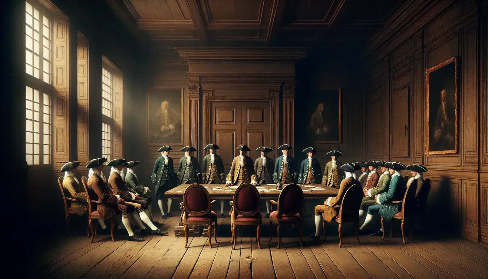 Historical reenactment in an 18th-century French-style room with men in period attire deliberating around a table with quills, papers, and a candlestick.