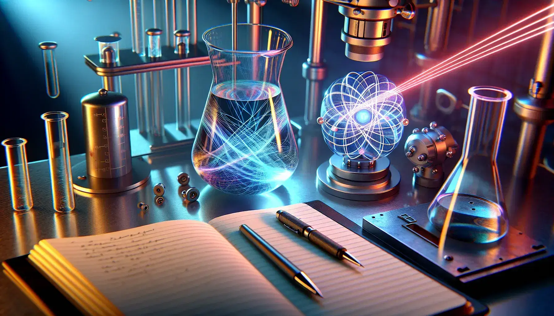 Quantum physics laboratory with beaker, flask with luminous blue substance, red laser apparatus, atomic model and notebook.
