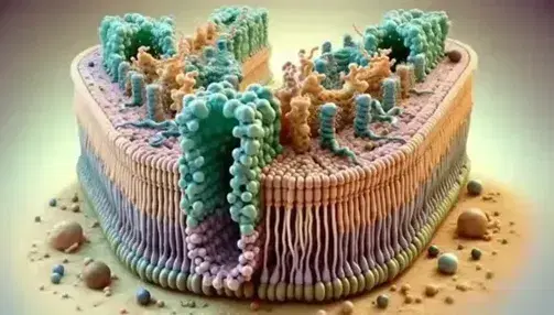 Detailed cell membrane model with embedded proteins, visible phospholipids, and ATP and ABC transporters highlighted.