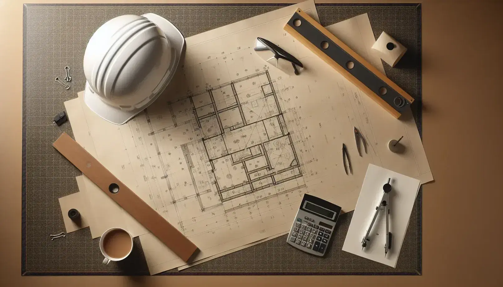 Mesa de trabajo con plano arquitectónico, casco de seguridad blanco, escuadra, compás metálico, gafas protectoras, calculadora científica apagada, taza de café humeante y cactus en maceta.