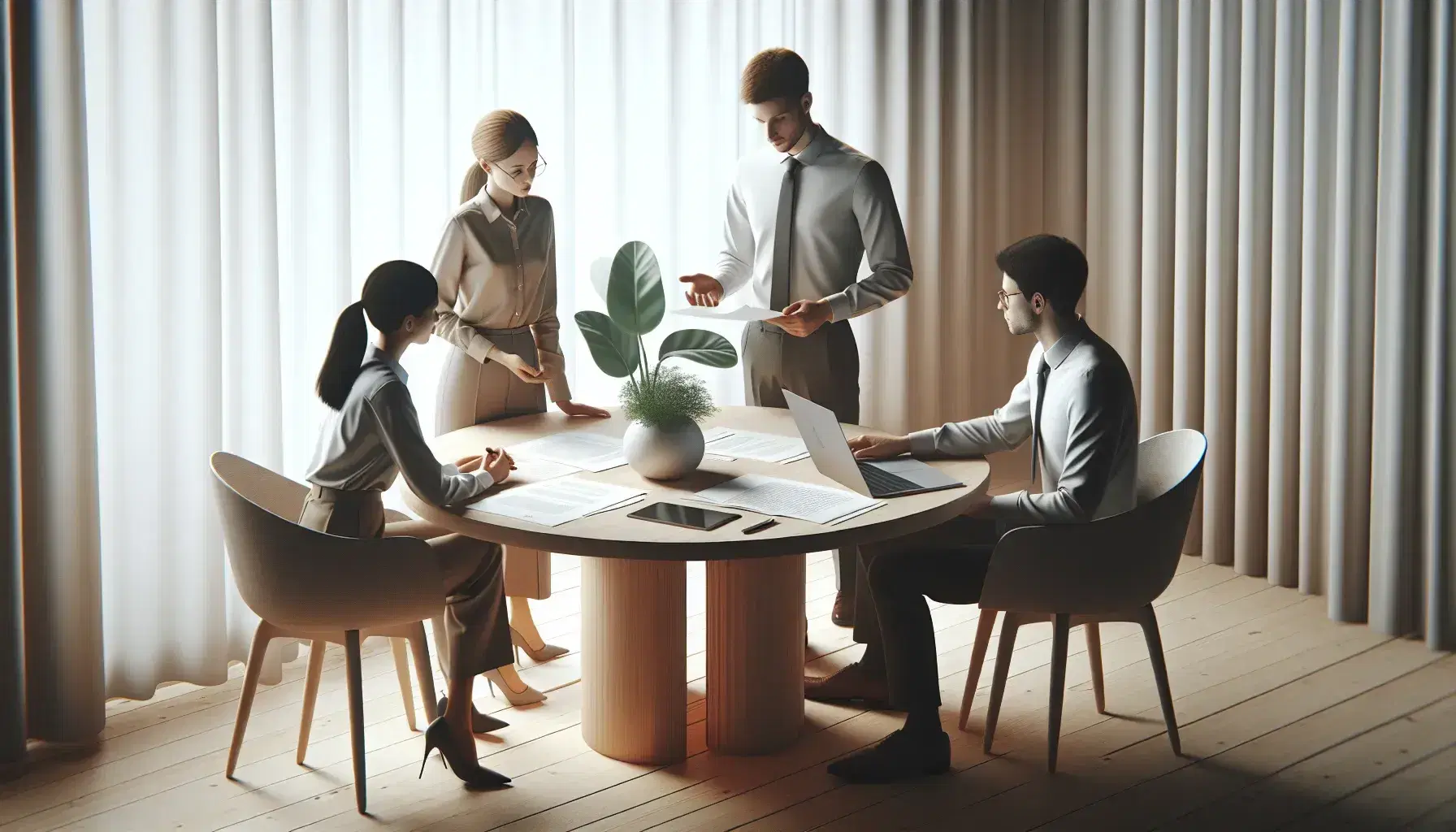 Cuatro profesionales en reunión de trabajo alrededor de una mesa redonda con un portátil abierto, documentos y una planta verde.