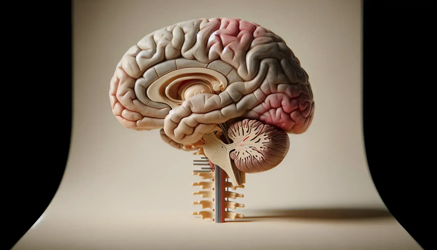 Modelo anatómico detallado del tronco encefálico humano con sus partes visibles, medula oblongata, puente y mesencéfalo, sobre fondo neutro.