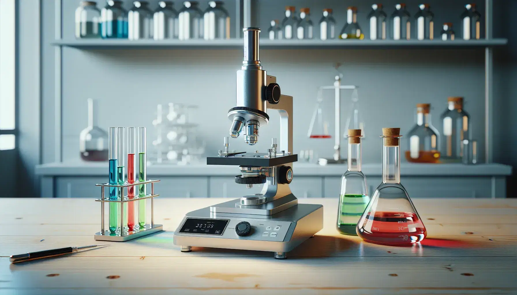 Mesa de laboratorio de madera clara con microscopio metálico, probetas con líquidos de colores y balanza analítica digital, estantes con frascos al fondo.
