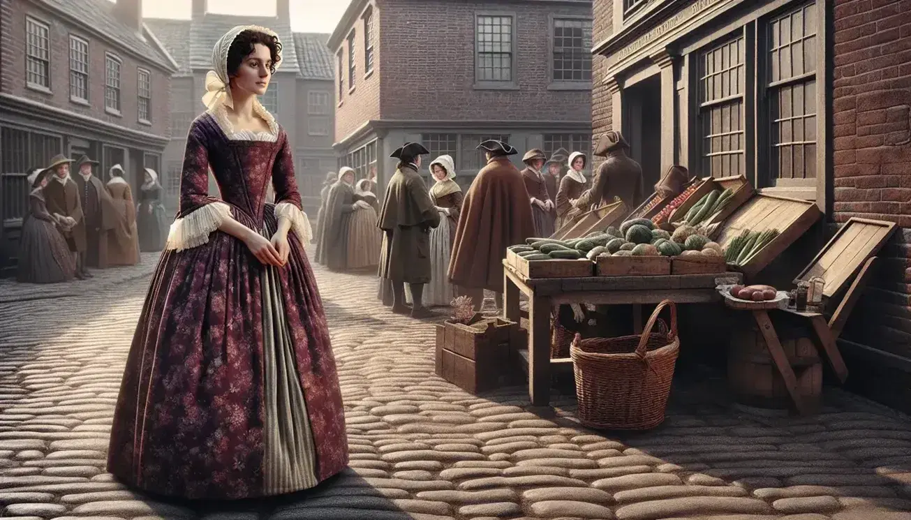 18th-century urban scene with a woman in a burgundy dress by a vegetable stall, surrounded by townsfolk in period attire on a cobbled street.