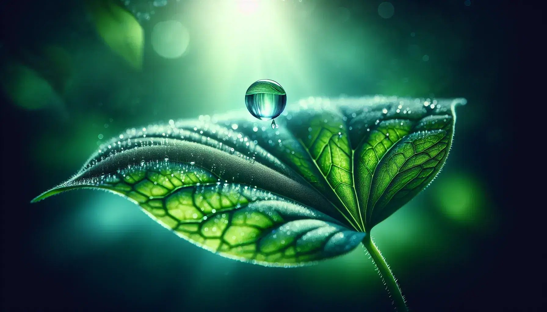 Gota de agua suspendida en el aire al borde de una hoja verde con textura y venas marcadas, fondo desenfocado en tonos verdes y azules.