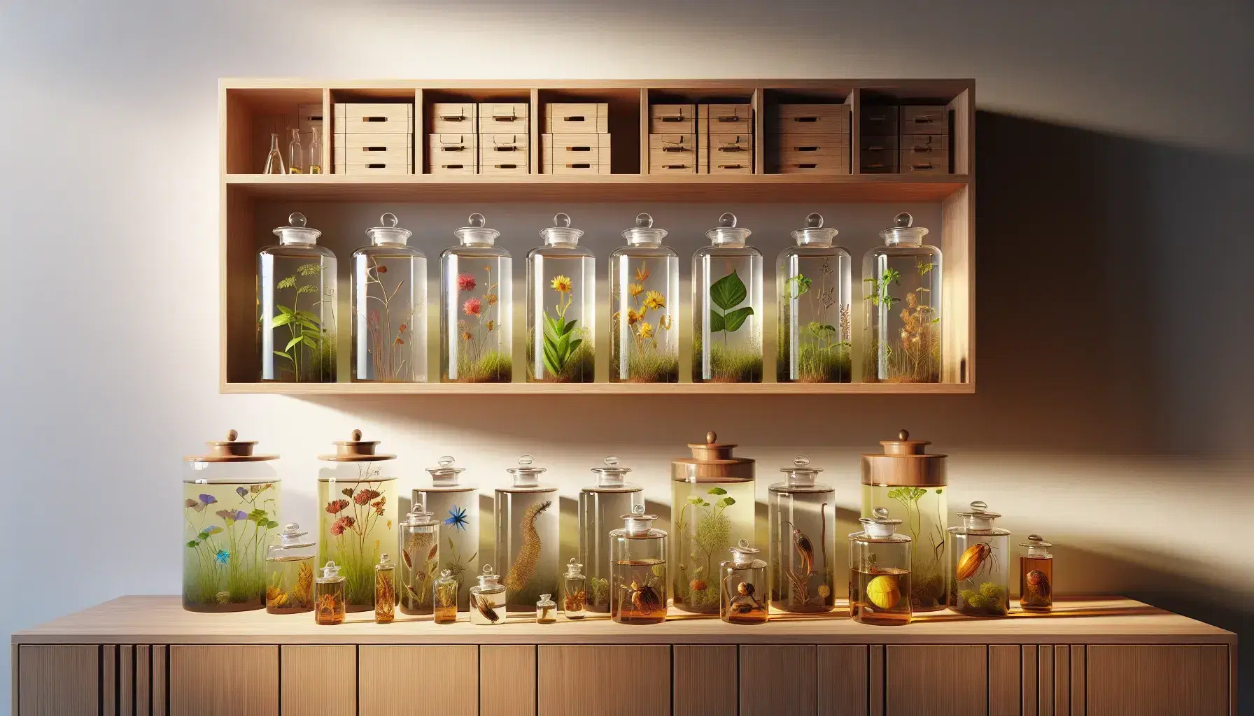 Estante de madera con frascos de vidrio que contienen especímenes biológicos preservados y cajas en la parte superior, iluminados naturalmente y contrastando con una pared clara.