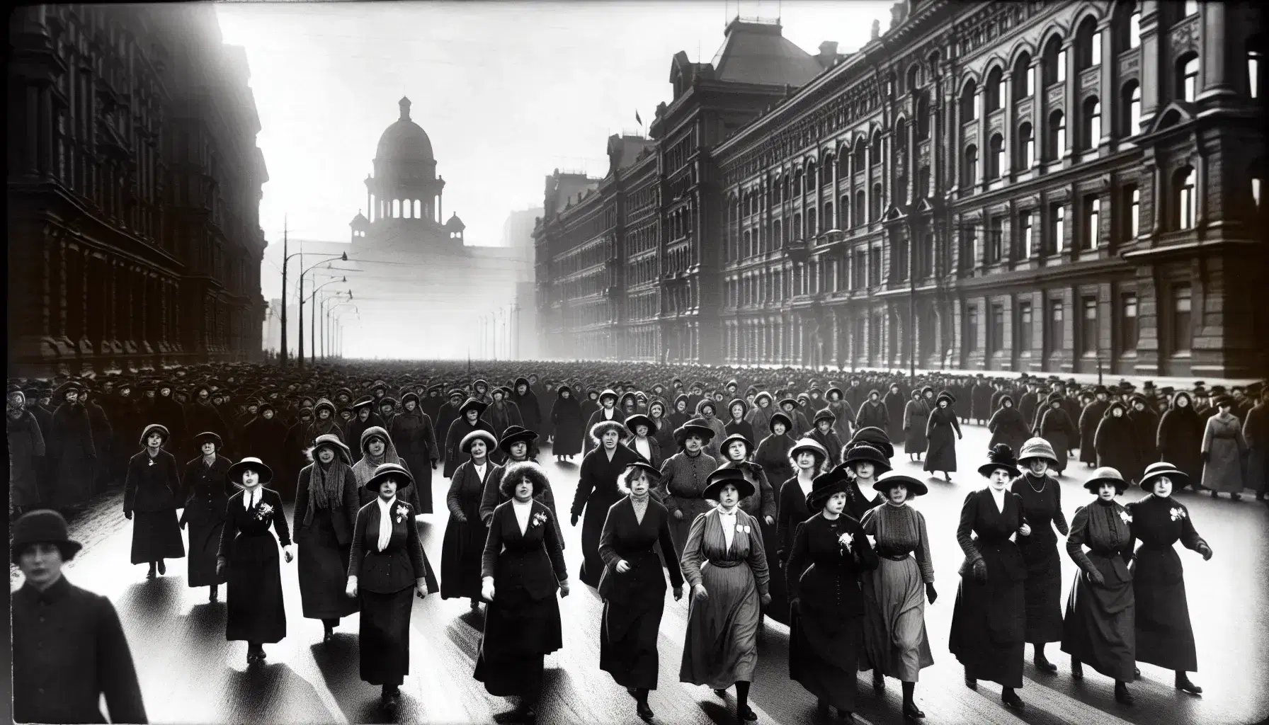 Gruppo di donne in marcia per i diritti civili, vestite in stile inizio '900, su strada cittadina con edifici storici.