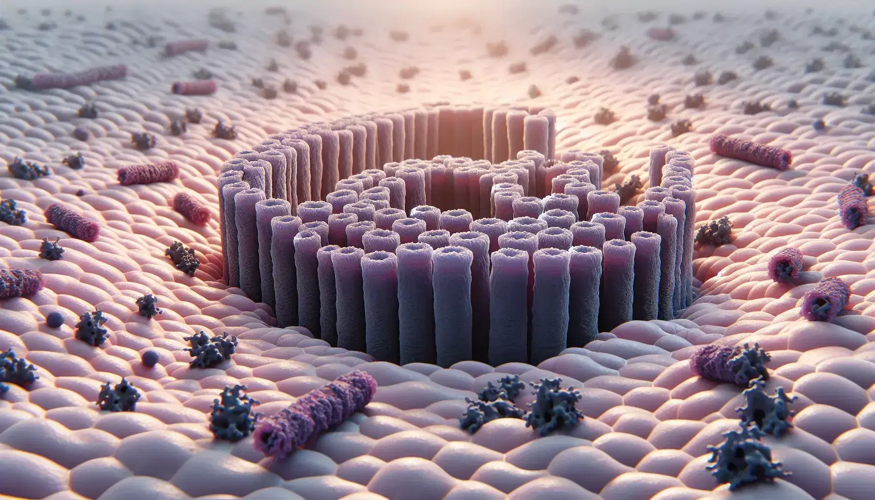 Vista microscópica de una membrana celular con proteínas incrustadas y un poro central iluminado, destacando su estructura tridimensional.