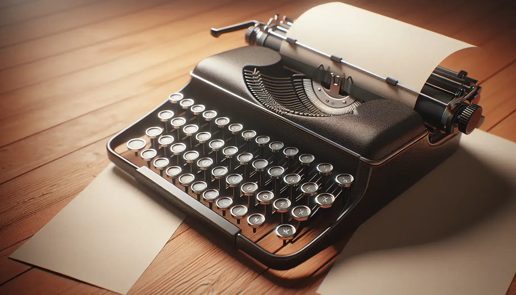 Close-up view of a vintage black typewriter with blank keys and a white paper on a wooden desk, with a softly blurred background.
