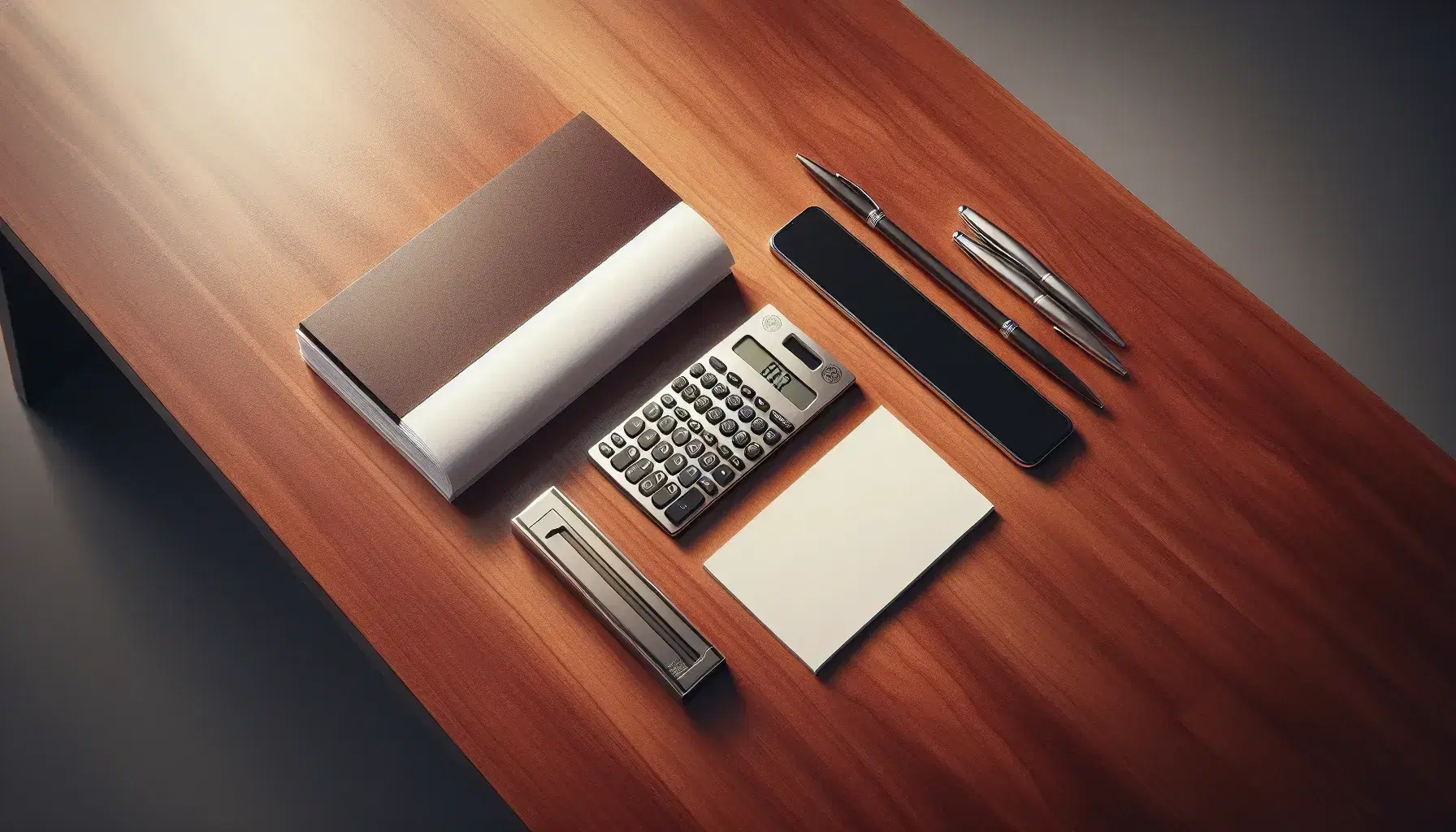 Flat lay of an organized office desk with a calculator, stack of paper, silver pen, jar of coins, and a clock showing 10:10 on a mahogany surface.