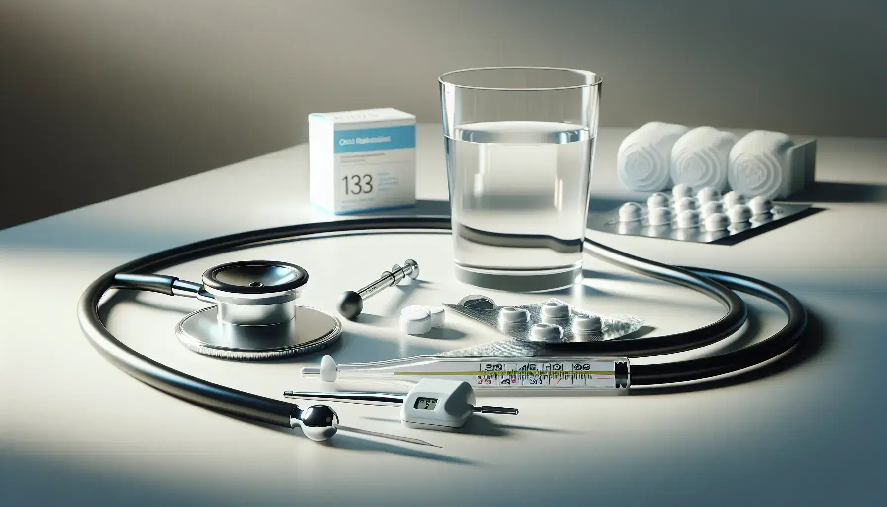 Mesa de hospital con estetoscopio, termómetro digital, jeringa, vaso de agua y caja de tabletas de rehidratación oral, en fondo desenfocado.