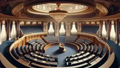 Elegant legislative chamber with a hemicycle seating arrangement, wood podium, tiered blue seats, arched windows, and a grand chandelier.