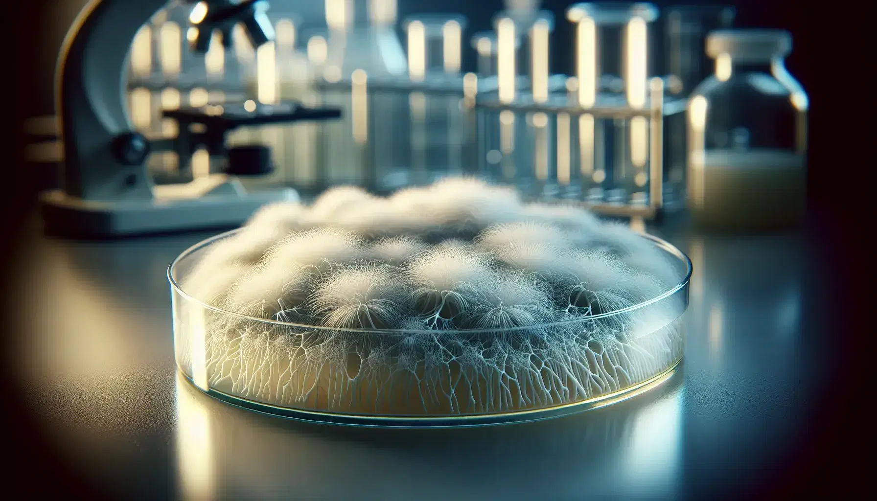 Close-up view of white filamentous fungi forming a dense mycelial mat in a petri dish on a lab bench, with a blurred scientific background.