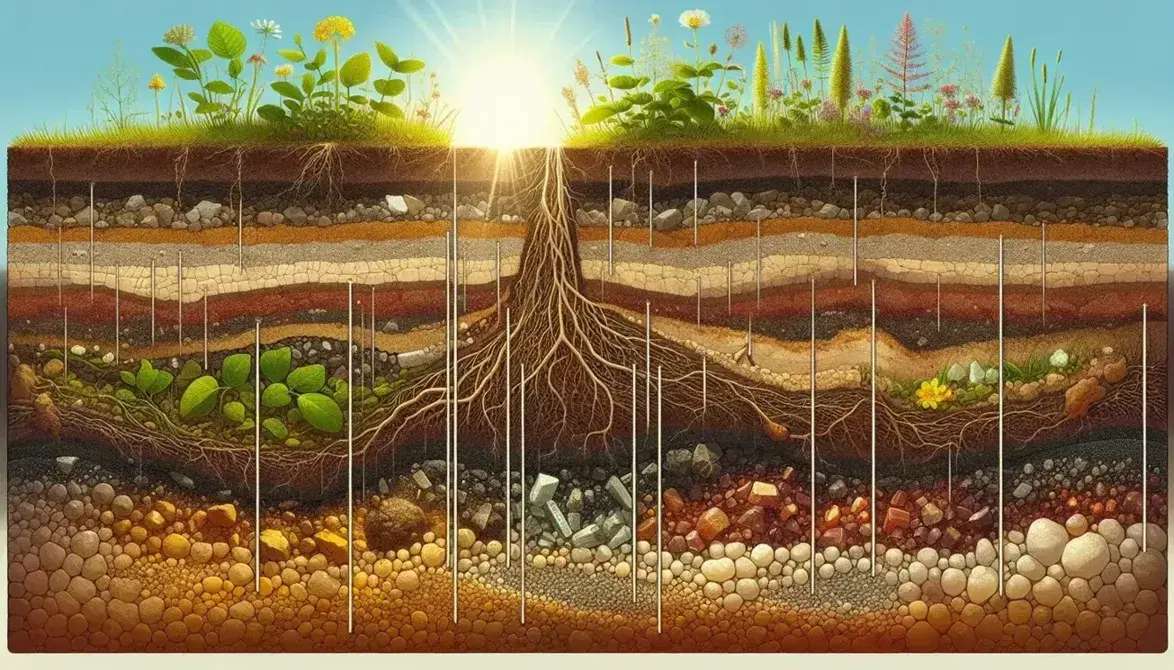 Sección transversal de suelo mostrando vegetación verde con flores, capa rica en materia orgánica, transición a minerales y capa compacta con cristales, bajo un cielo despejado.