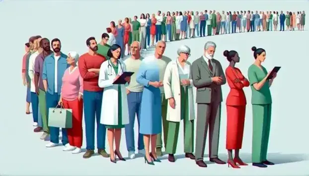 Grupo diverso de personas en fila para atención médica con profesional de la salud en primer plano.