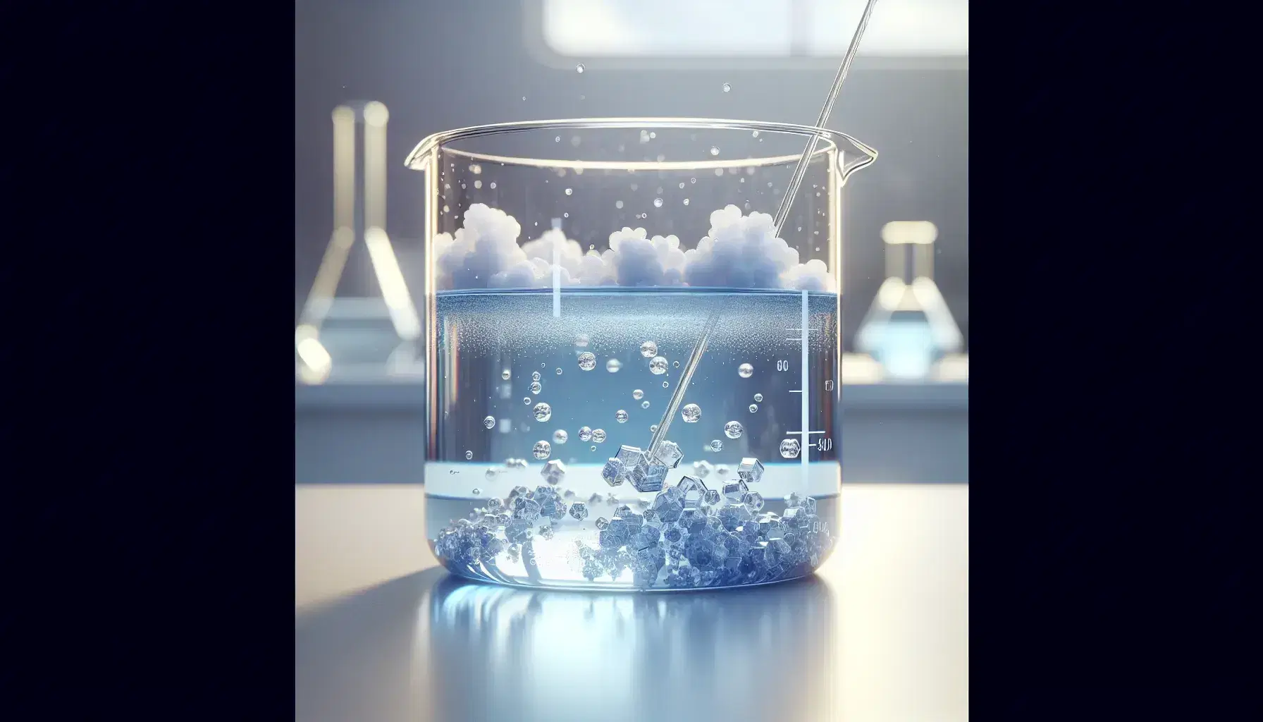Glass beaker with clear blue liquid and undissolved white crystals at the bottom in a defocused laboratory.