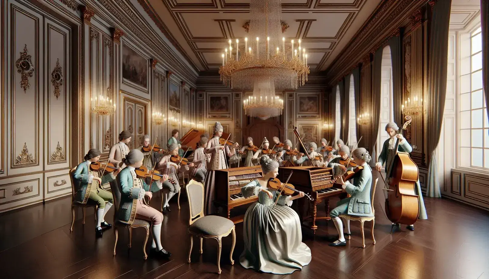Concierto de música barroca en salón del siglo XVIII con músicos en trajes de época, una mujer tocando el clavecín y decoración clásica con espejos y candelabros.