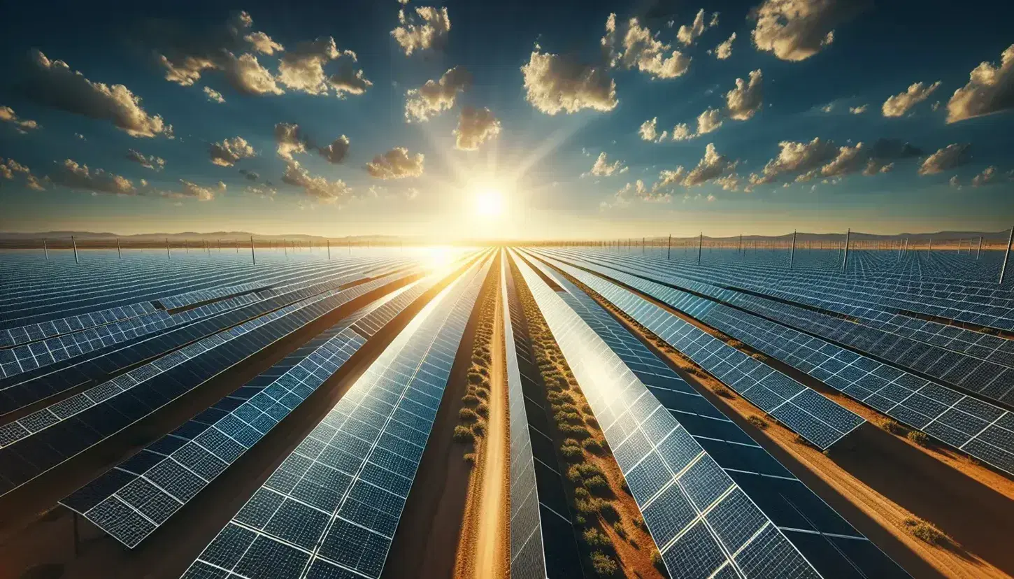Campo di pannelli solari fotovoltaici in fila su terreno leggermente inclinato con cielo sereno e nuvole sparse.