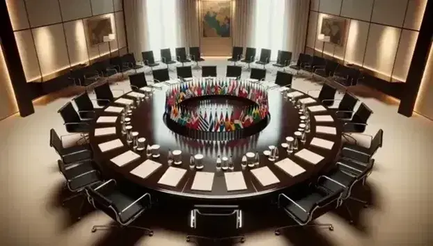 Polished dark wood round table in a bright conference room with cream walls, surrounded by black leather chairs, white folders, water bottles, cups, and Ibero-American flags.