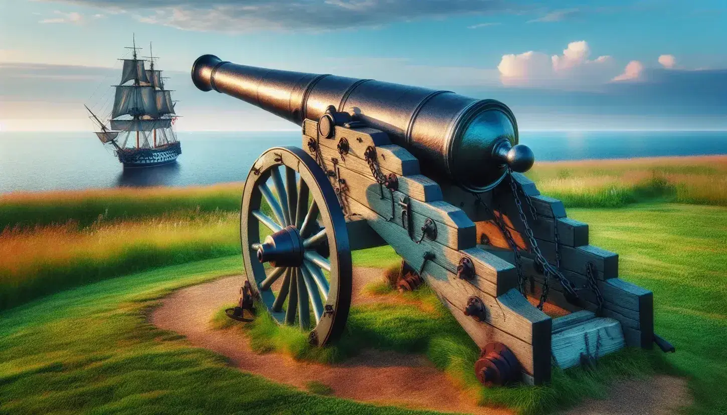 Civil War era naval gun on a grassy coastal promontory, pointing out into the calm sea with a sailing ship in the background.