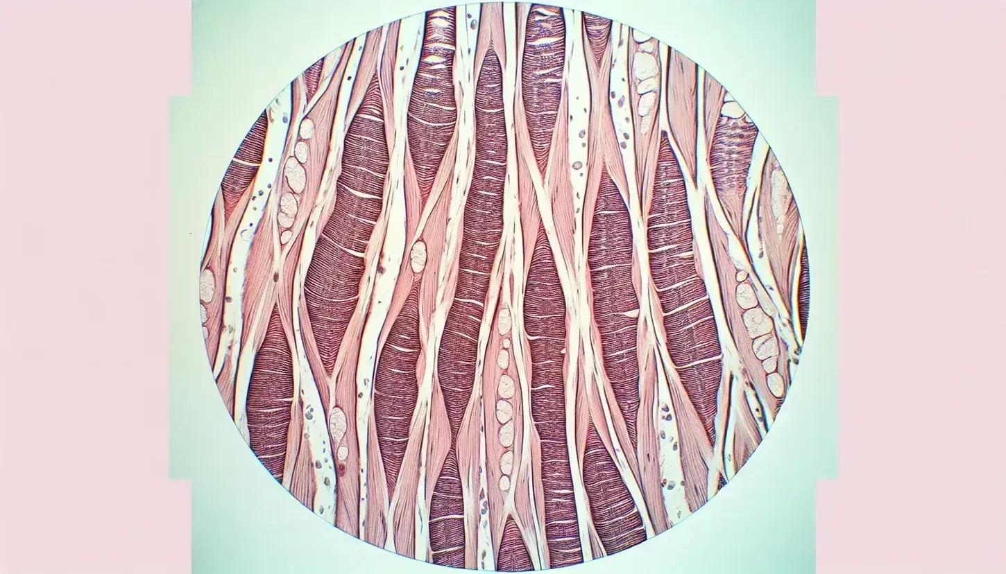 Vista microscópica de tejido muscular esquelético estriado con fibras alineadas en paralelo mostrando bandas claras y oscuras, rodeadas de tejido conectivo.