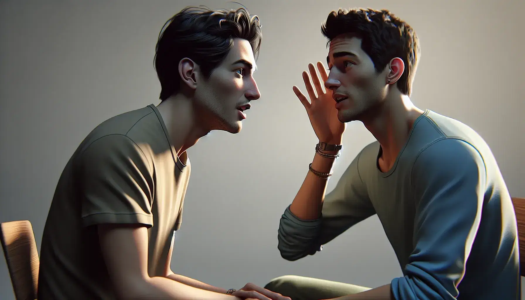Dos personas conversando en un ambiente neutro, una escuchando atentamente y la otra hablando, ambas con expresiones animadas y vestimenta casual.