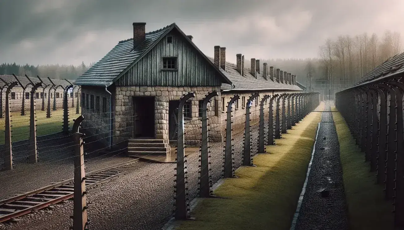 Resti di una baracca del campo di concentramento di Mauthausen-Gusen con porta aperta, filo spinato arrugginito e alberi spogli sullo sfondo.