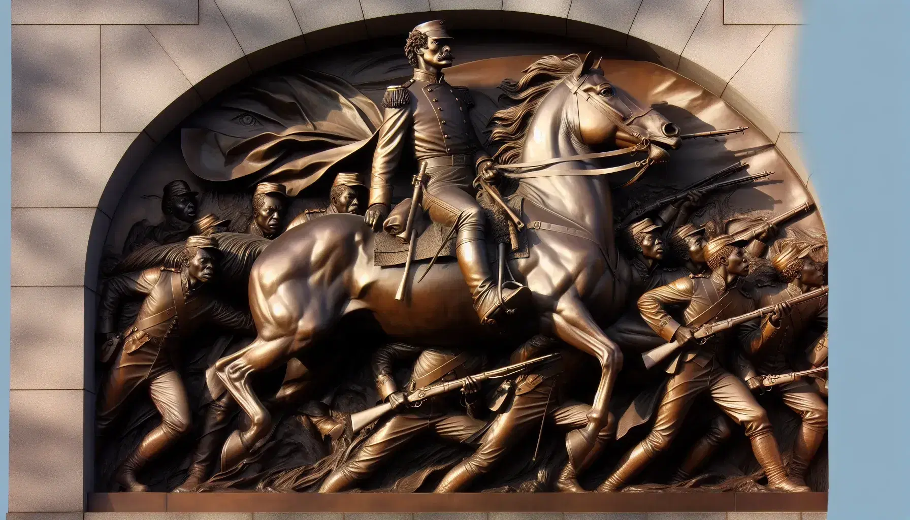 Bronze bas-relief memorial in Boston park depicting a Caucasian Colonel on horseback and African-American infantry soldiers with rifles and bayonets.