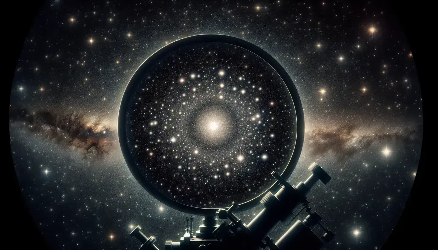 Telescopic view of deep space with bright star cluster in the center, stars of various sizes and distant galaxies on black background.