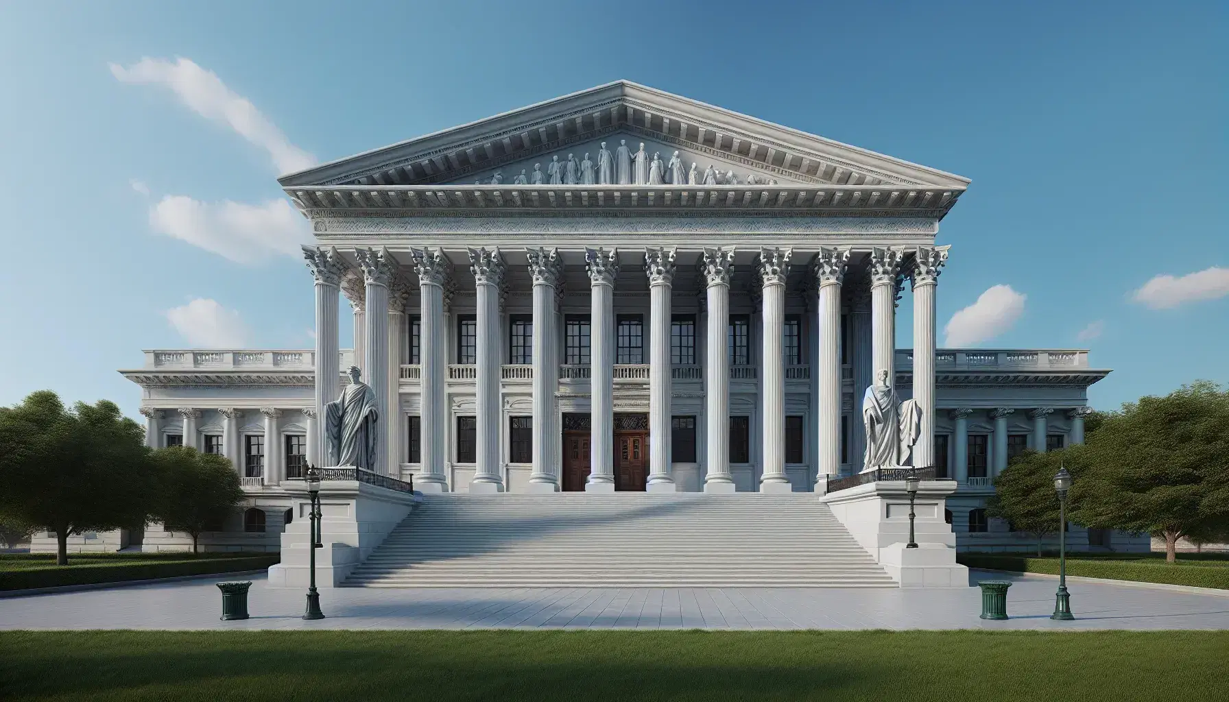 Neoclassical government building with white columns, grand entrance, and bronze statues of robed figures under a clear blue sky.