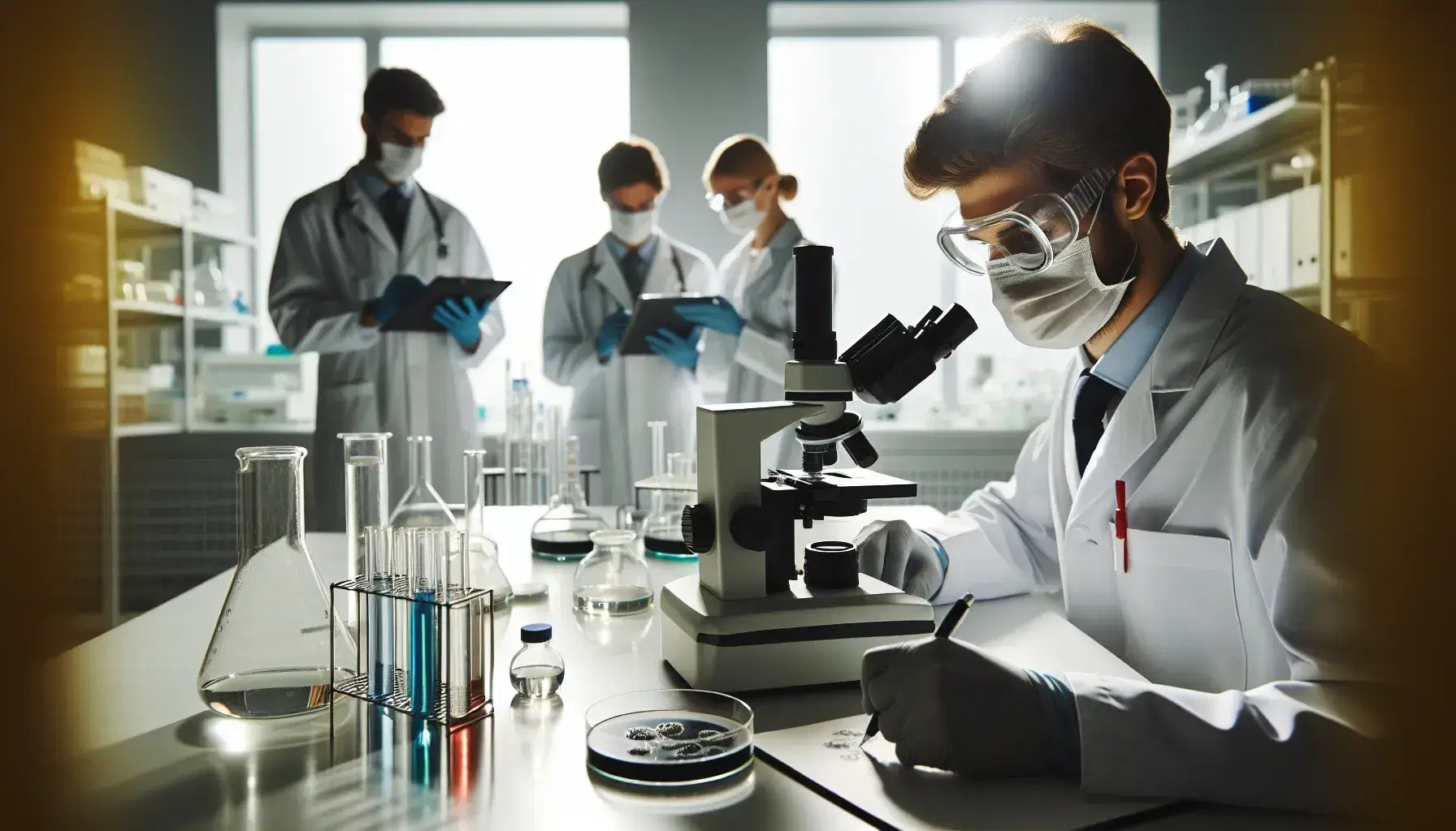 Profesionales de la salud trabajando en laboratorio, uno observando a través de un microscopio y otro registrando datos en una tableta, con estantes de frascos de colores y placas de Petri en la mesa.