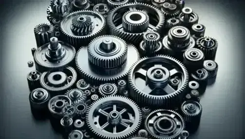 Ingranaggi meccanici metallici interconnessi di varie dimensioni con un ingranaggio centrale riflettente, illuminati da luce superiore.
