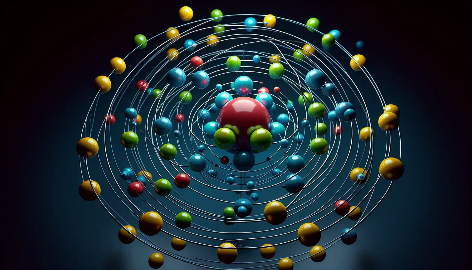 Modello atomico tridimensionale con nucleo rosso, protoni e neutroni blu e gialli, elettroni verdi su orbite invisibili su sfondo nero.