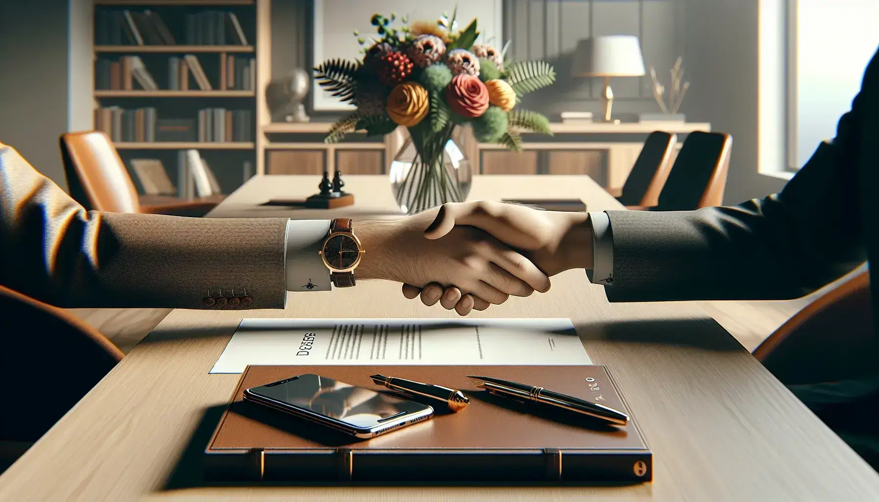 Stretta di mano su tavolo in legno chiaro in ufficio moderno, con penna, documento, laptop, cellulare e vaso di fiori freschi.