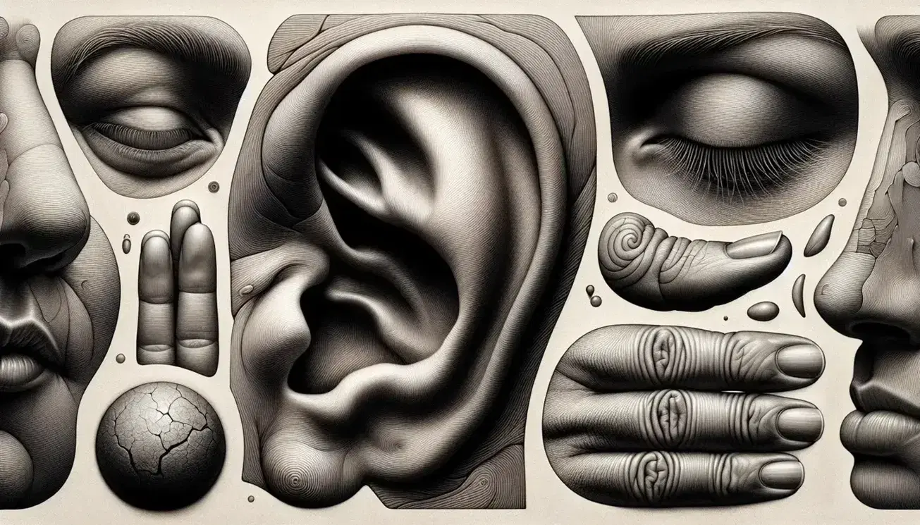 Primer plano de elementos sensoriales humanos con oreja, nariz, boca entreabierta con dientes superiores visibles, ojos cerrados con pestañas y mano extendida.
