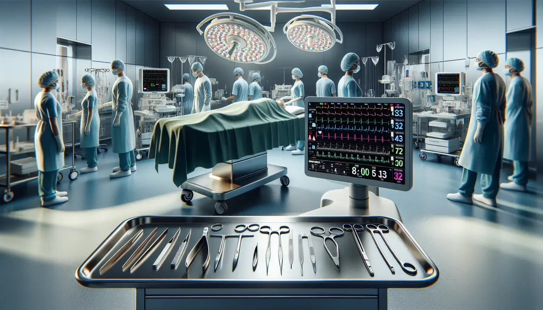Equipo médico en quirófano realizando procedimiento con instrumental quirúrgico en mesa y monitor de signos vitales al lado, en ambiente estéril.