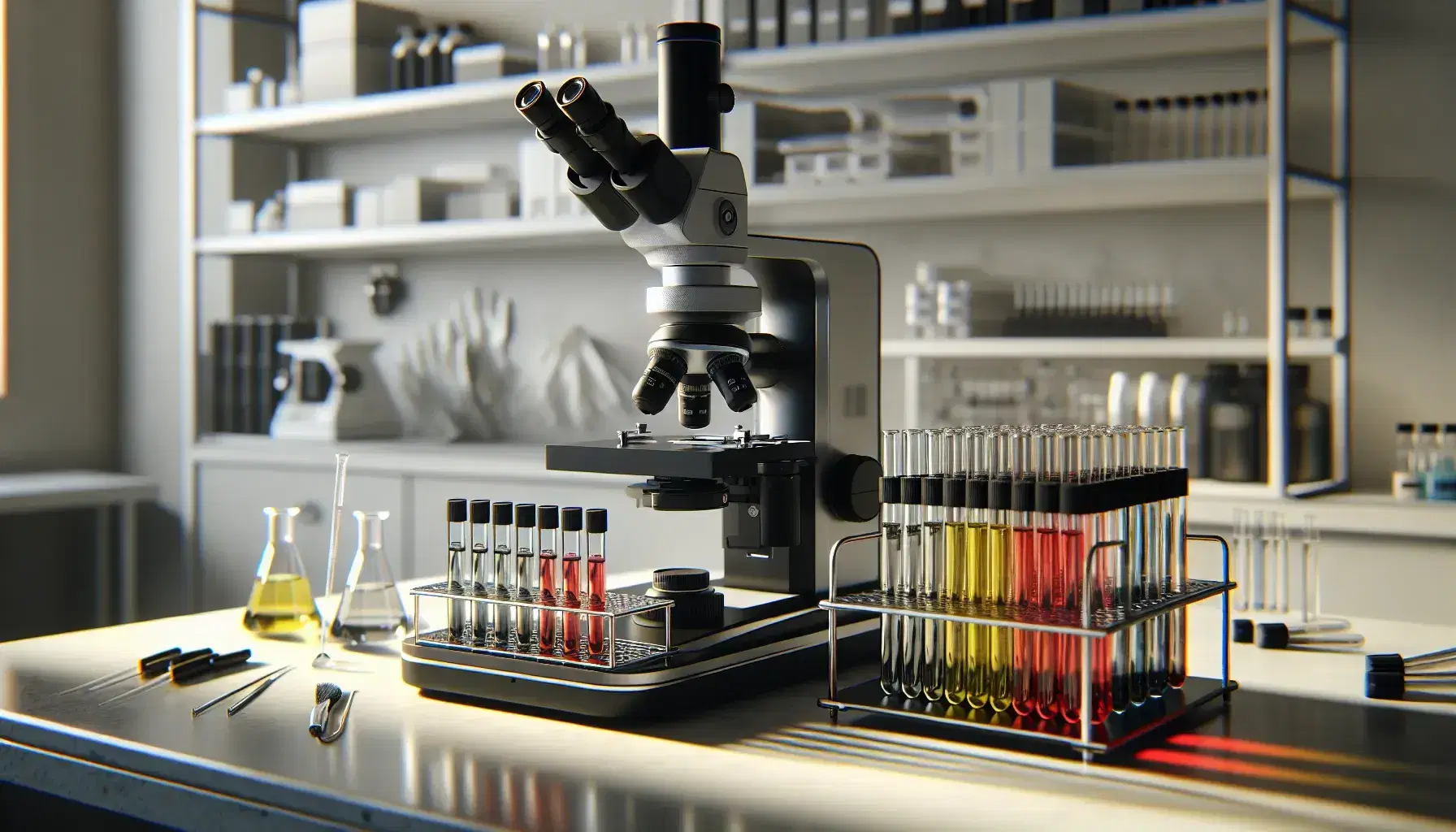 Microscopio electrónico de laboratorio moderno y ergonómico sobre mesa clara con tubos de ensayo de colores en soporte metálico y material de laboratorio al fondo.