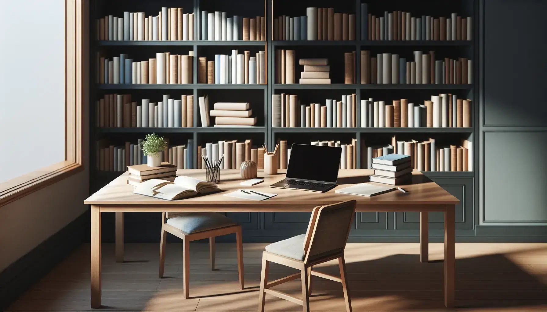 Biblioteca acogedora con estanterías de madera oscura llenas de libros, mesa con portátil abierto, papeles, cuaderno y planta, luz natural de ventana.
