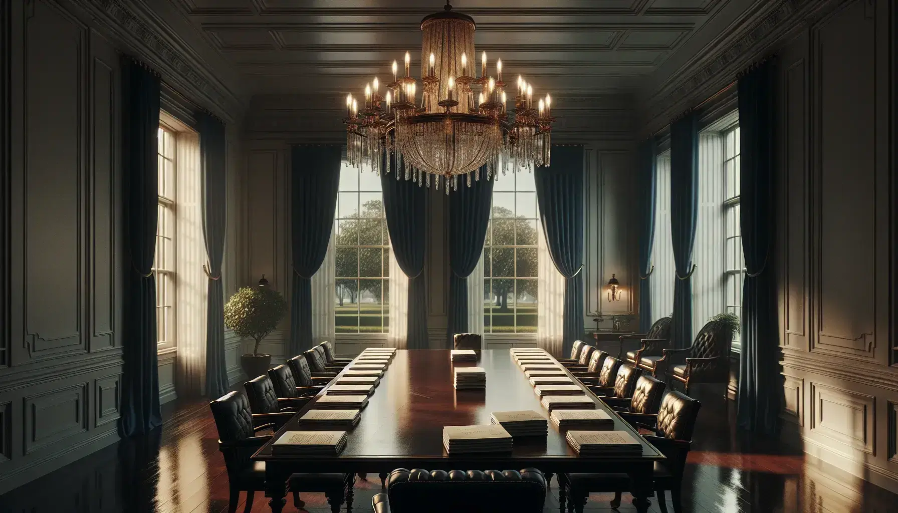 Elegant meeting room with a long dark wood table, high-back leather chairs, and a glass-brass chandelier, with arched windows overlooking a lawn.