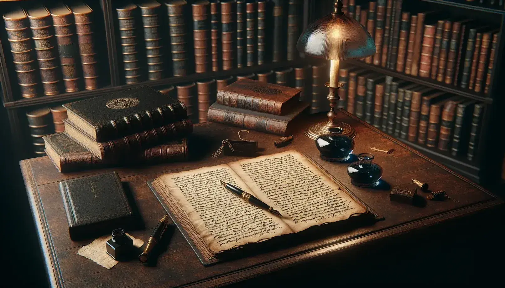 Scrivania in legno scuro con manoscritto aperto, penna stilografica nera, calamaio di vetro e libreria sfocata sullo sfondo.