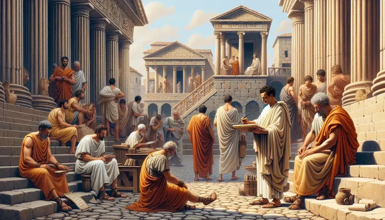 Escena antigua con hombre en toga anotando en tablilla de cera y ciudadanos esperando en espacio público con arquitectura clásica y columnas bajo cielo azul.