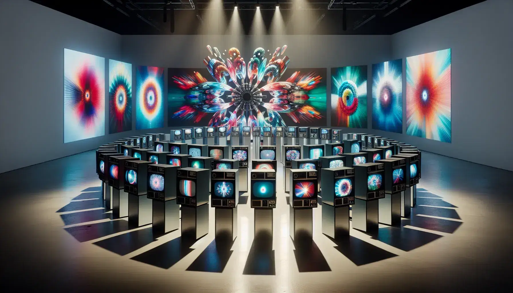 Instalación de arte en video con monitores de tubo de rayos catódicos dispuestos en círculo mostrando patrones geométricos abstractos y coloridos en una sala de exposición iluminada con focos.