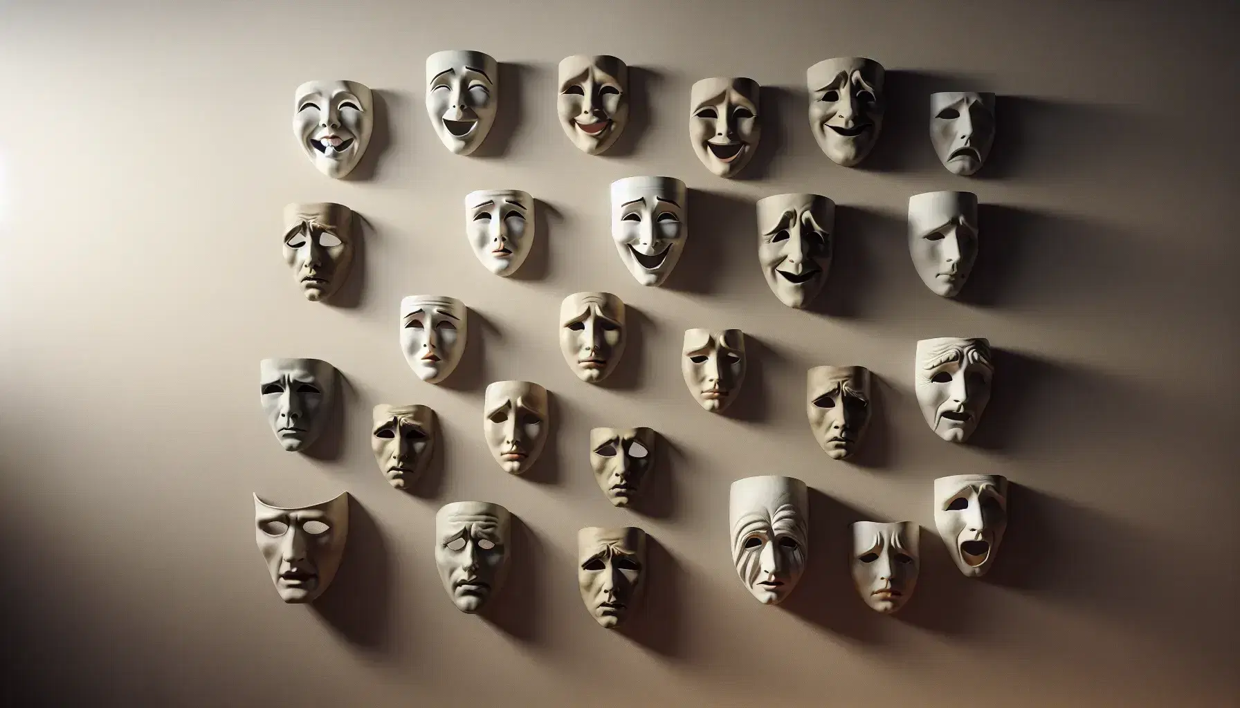 Maschere teatrali con espressioni varie appese su parete neutra, dai toni del bianco al nero, senza ombre marcate.