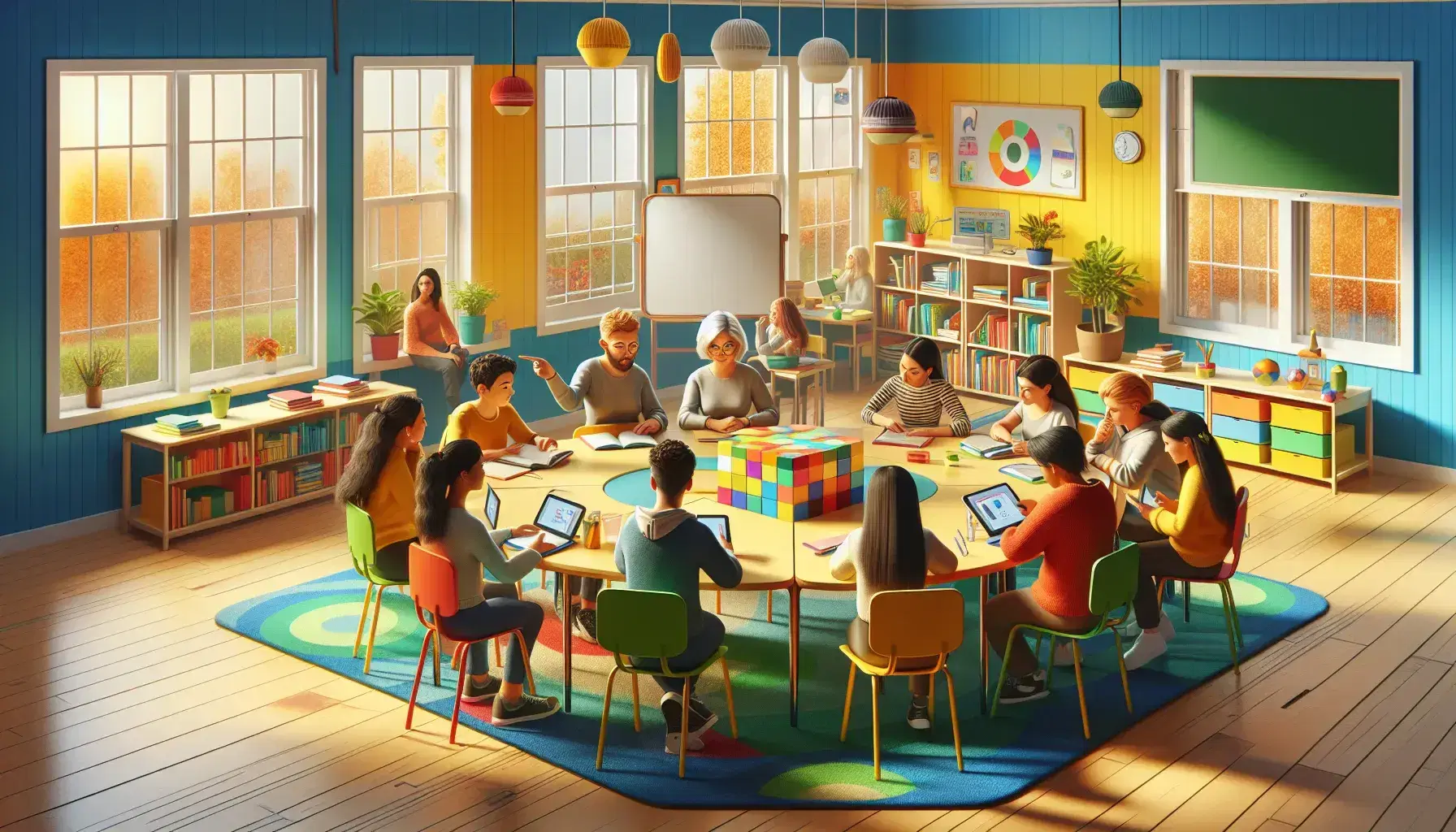 Aula colorata con insegnante e studenti diversi impegnati in attività educative, senza testi visibili, ambiente luminoso e accogliente.