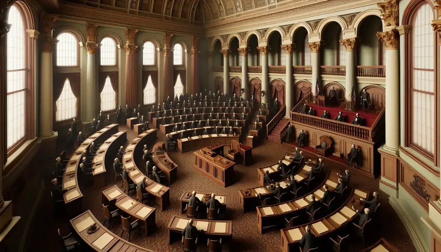 19th-century US-style parliamentary chamber with rows of wooden desks, ornate chair on platform, arched windows, and figures in period attire.