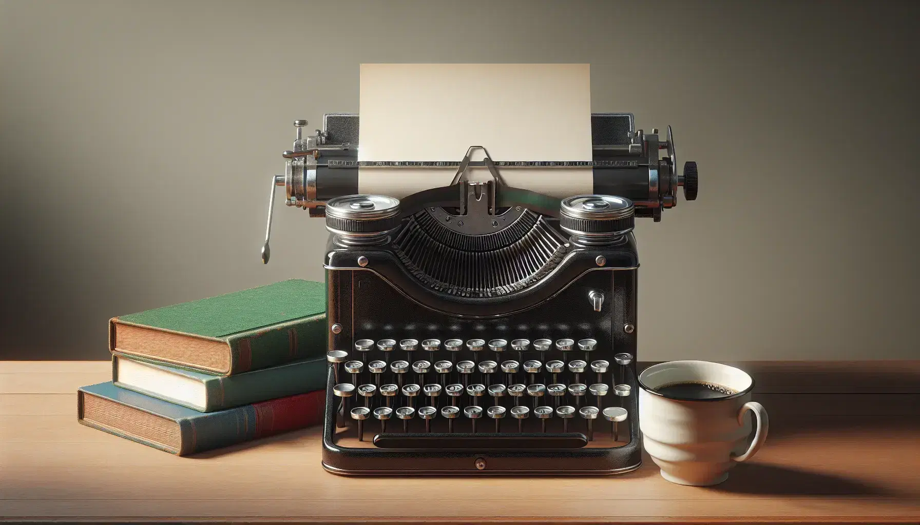Vintage black typewriter with blank paper, alongside a stack of three worn hardcover books and a white mug of coffee on a neutral background.