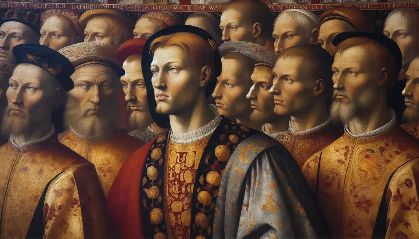 Dettaglio della Camera degli Sposi di Mantegna con cortigiano in abito rosso e oro e volto pensieroso, accanto a figura in blu notte.