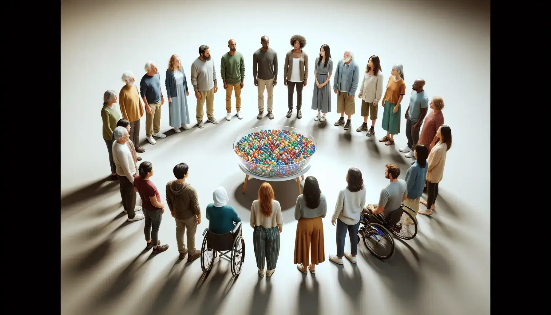 Multi-ethnic group of people in a circle, some on wheelchairs, around a table with bowl of colored marbles, neutral background.
