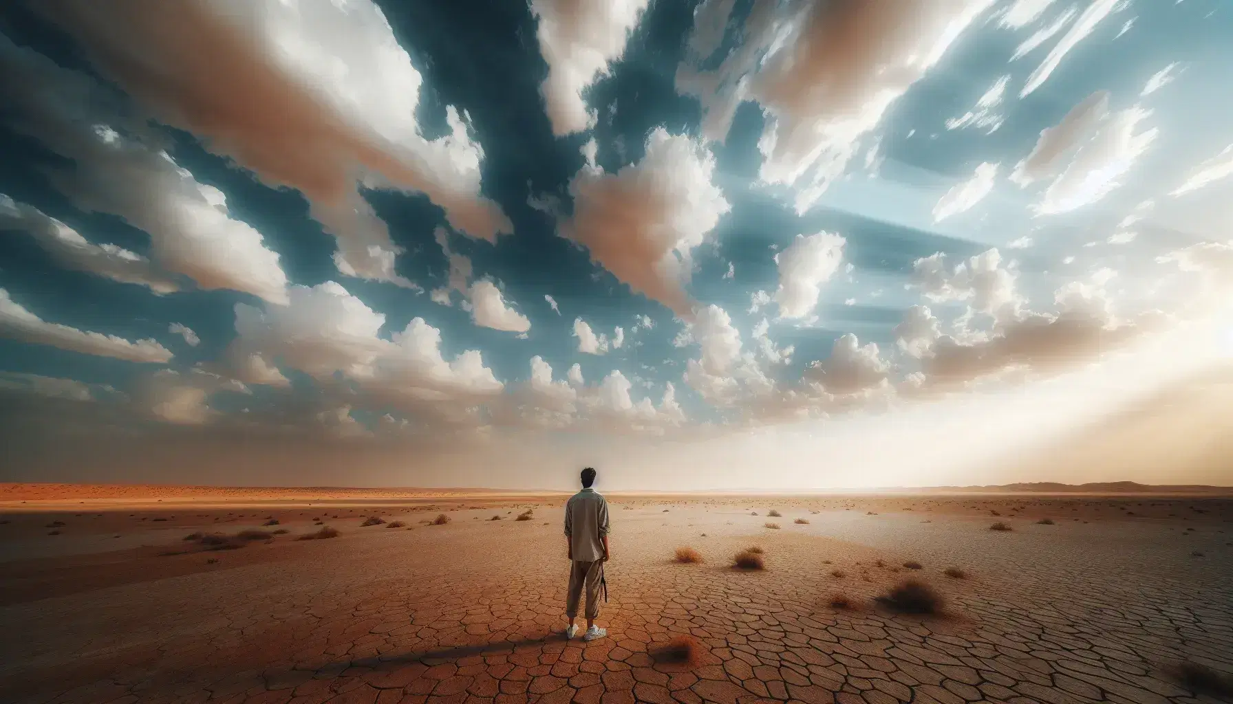 Paisaje desértico con cielo parcialmente nublado y figura humana de espaldas sobre suelo seco y agrietado, sin señales de vida o construcciones.